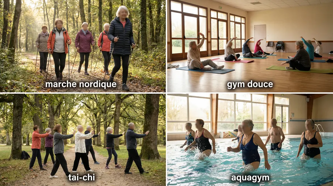 Seniors exercent activités sport plein air et salle