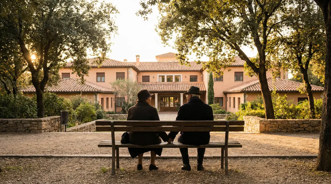 Couple senior main dans la main sur banc, residence, ambiance tendre