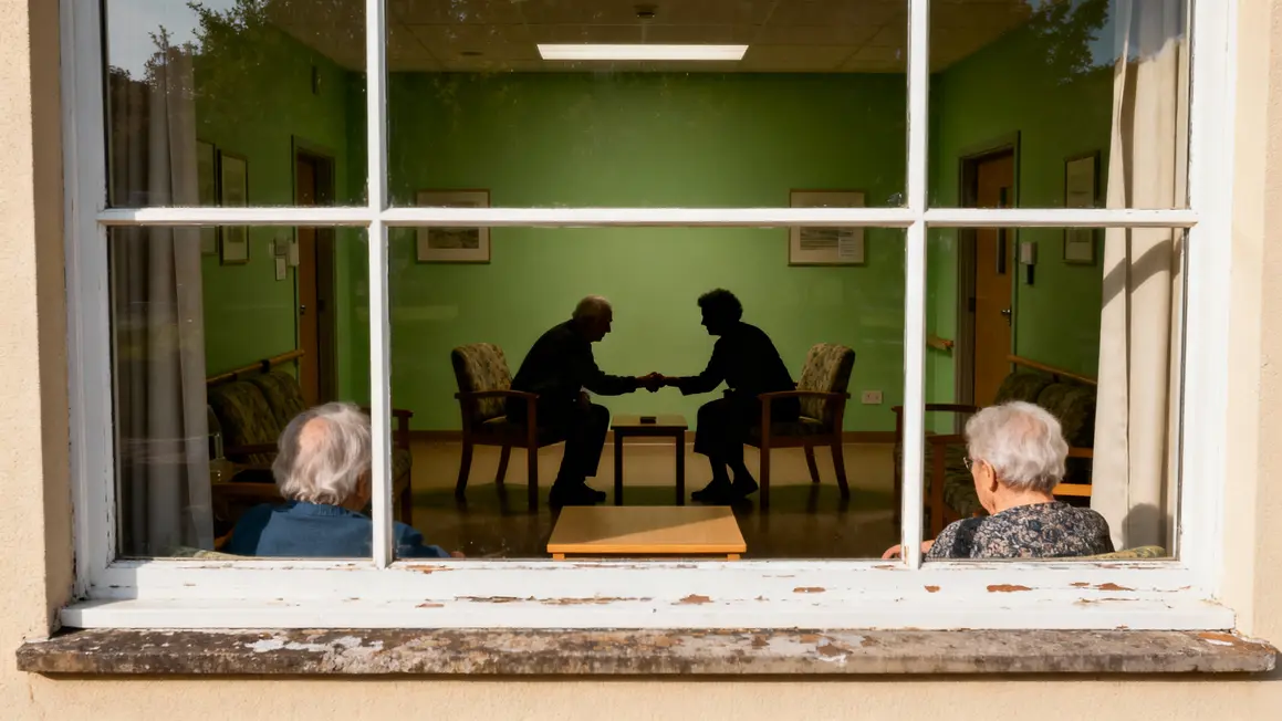 Seniors main sur main salon vert residence, ambiance silence