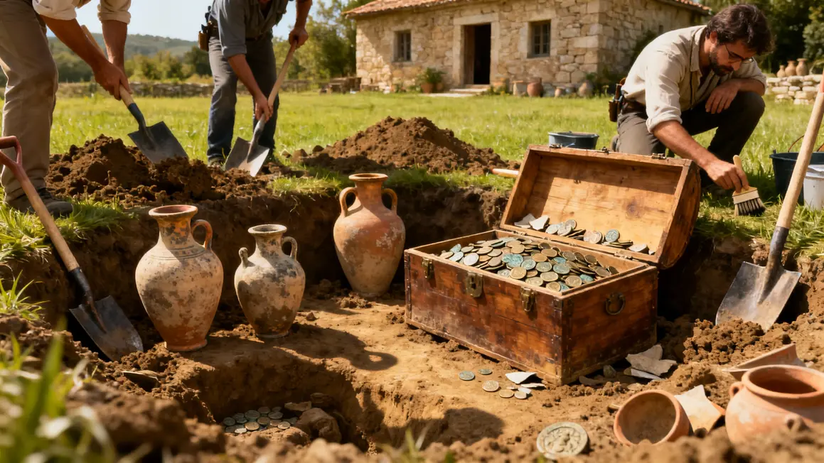 Fouille archeologique trouve amphores et pieces sous pelouse maison