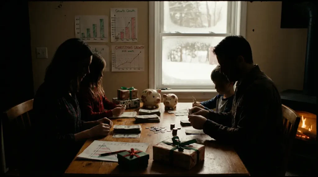 argent enfants à Noël autour d'une table avec tirelires