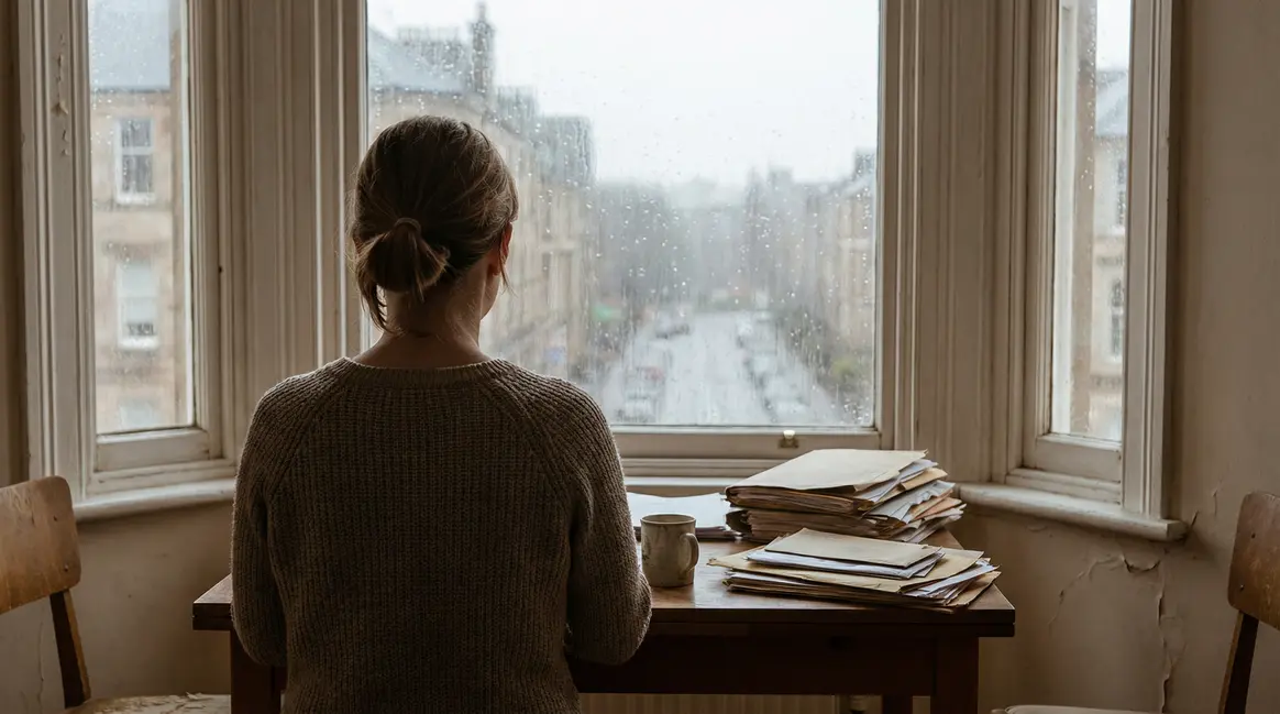 femme devant fenêtre, documents assurance chômage