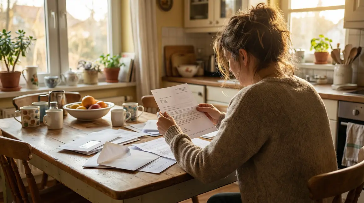 Femme ouvre lettre officielle assurance vie succession cuisine Angers
