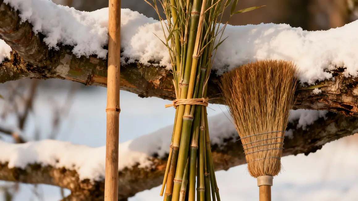 Mains attachant bambous sous la neige
