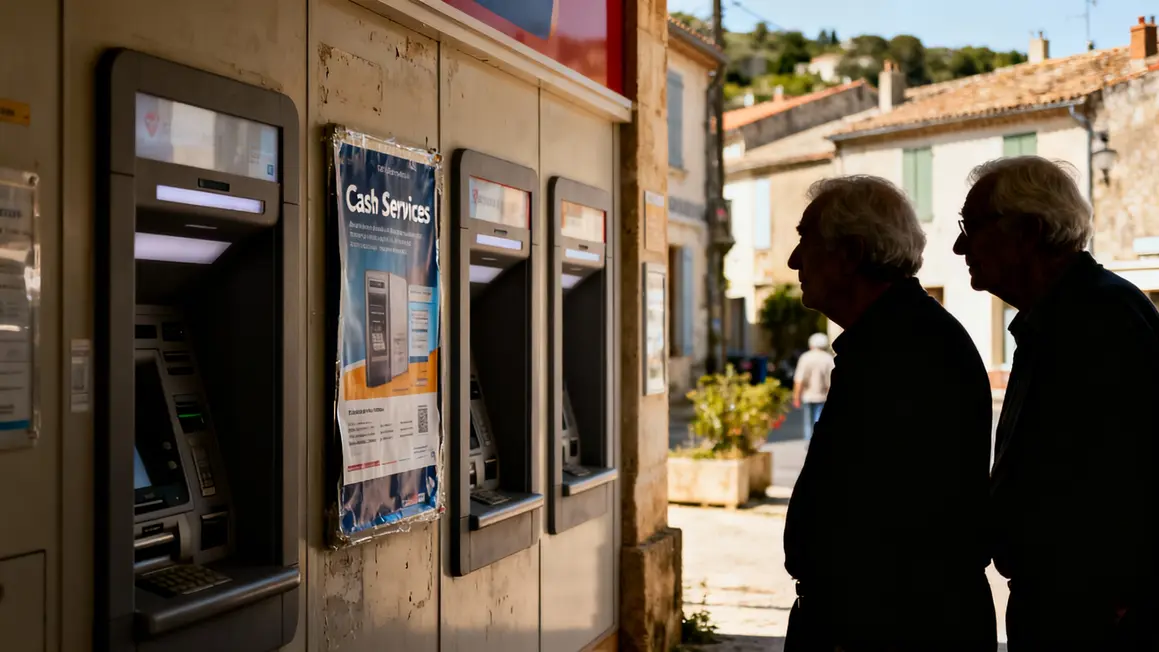 Personnes âgées devant automates Cash Services village