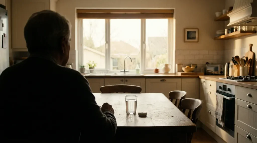 Senior devant verre d'eau et comprimé