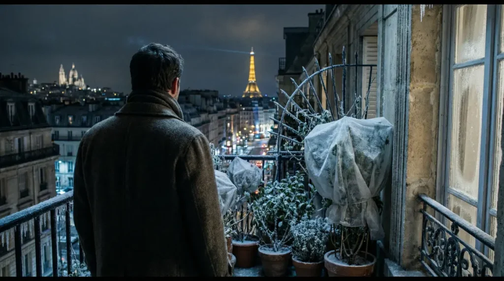 balcon urbain de nuit homme protege plantes contre le gel
