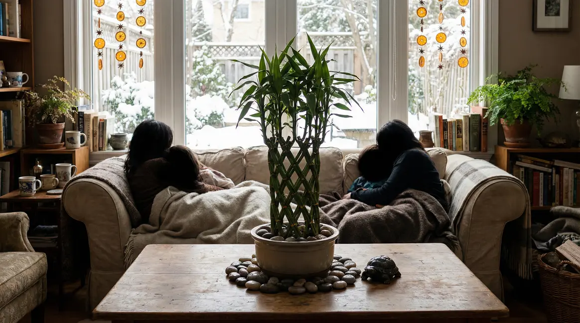 Bambou porte-bonheur Feng Shui au centre d'une famille en hiver