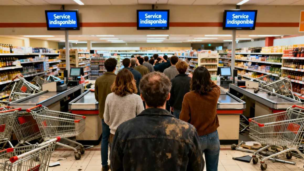 clients paniques caisses supermarche banque panne