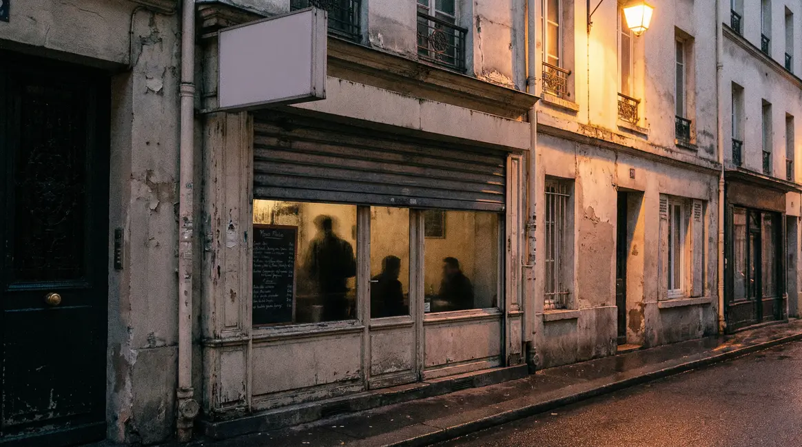 bistrot en crise, rideau semi-ferme, ambiance anxieuse