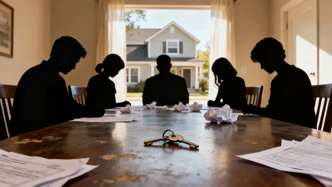 Blocage famille, succession, cle maison, documents sur la table