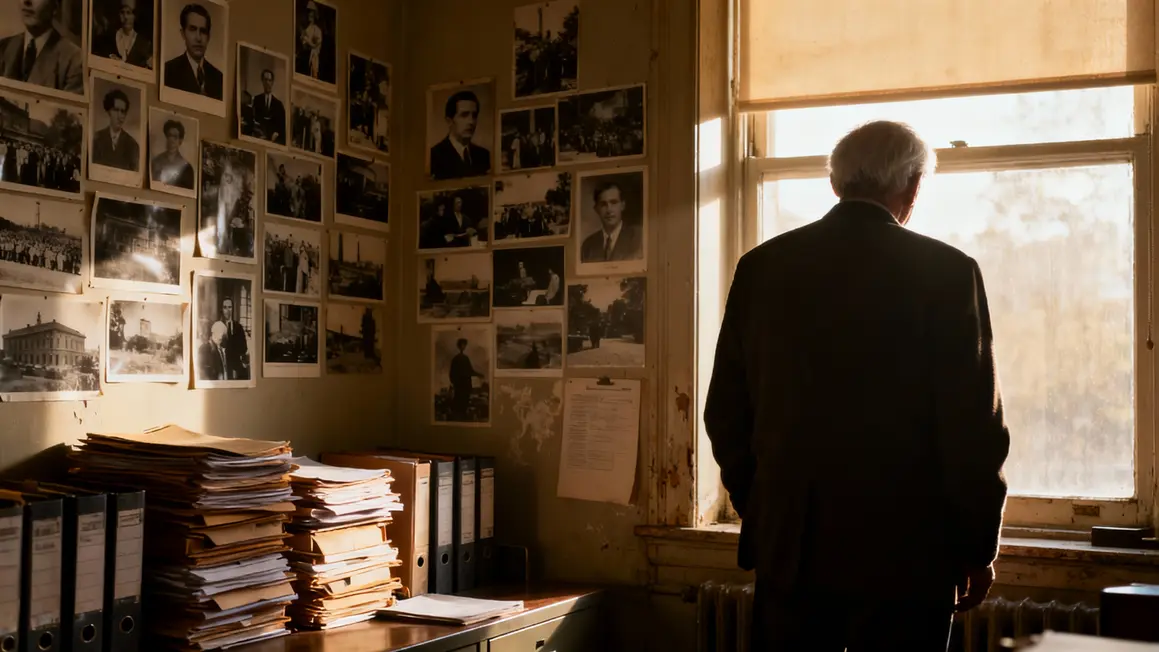 bureau ancien avec photos souvenir maire âgé
