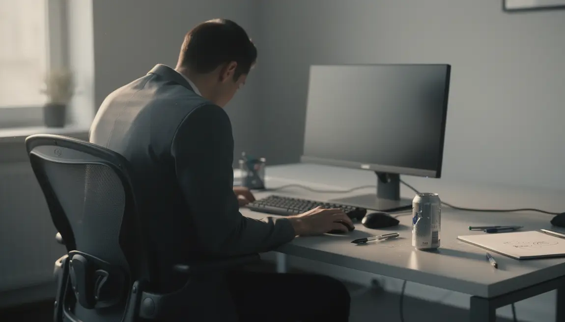 homme fatigue main inerte canette energie bureau