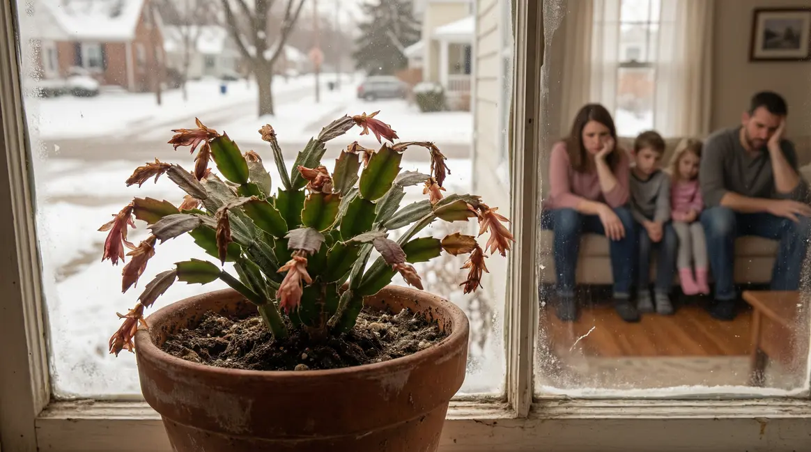 Cactus de Noël sans fleurs et famille déçue en hiver