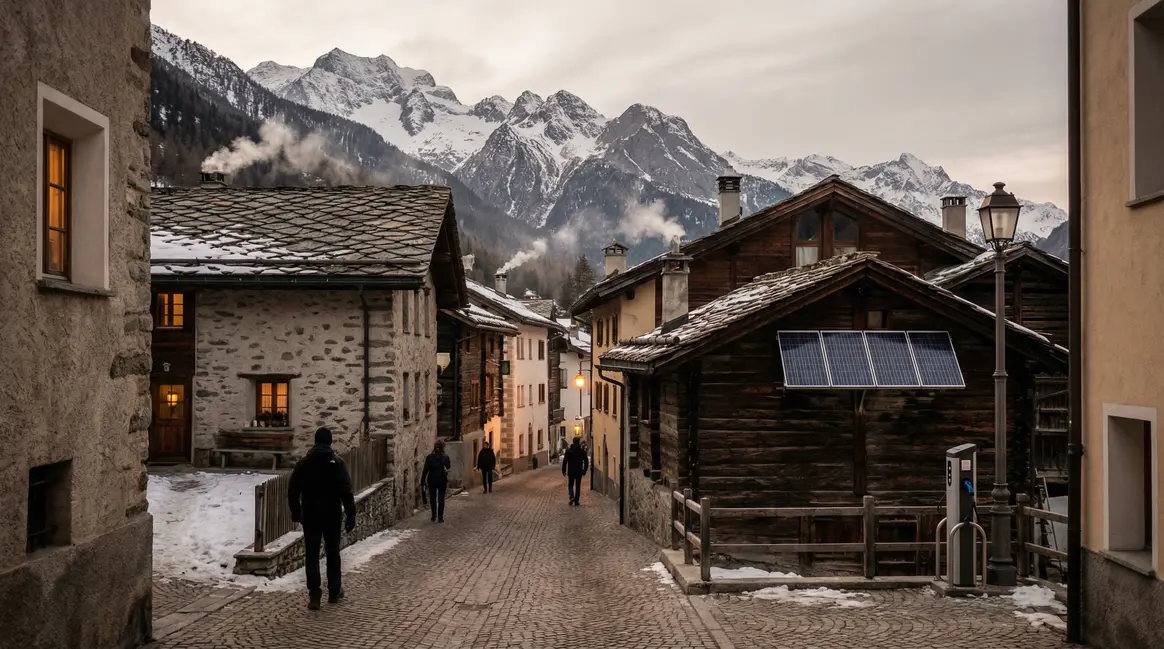 vue village alpin chauffage bois hiver