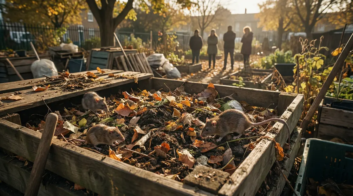 Composteur jardin avec rats visible, inquiétude habitants automne