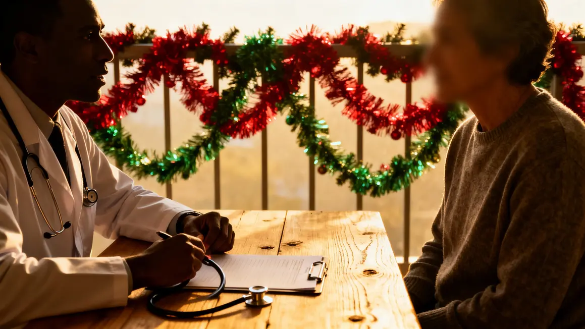 Médecin et patient lors d'une consultation cardiaque, décor festif