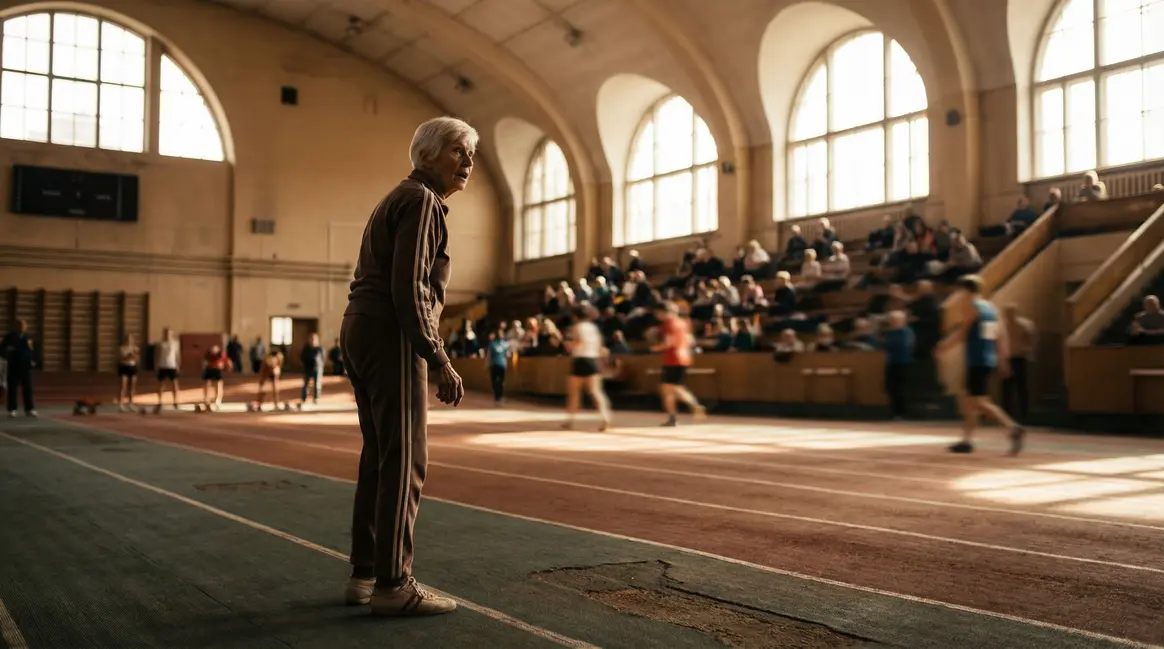 Femme âgée sur piste gymnase Limoges compétition seniors