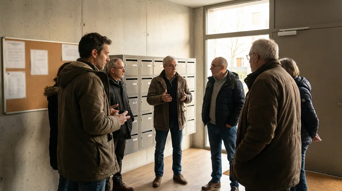 habitants debattant de la suspension des retraites dans un immeuble