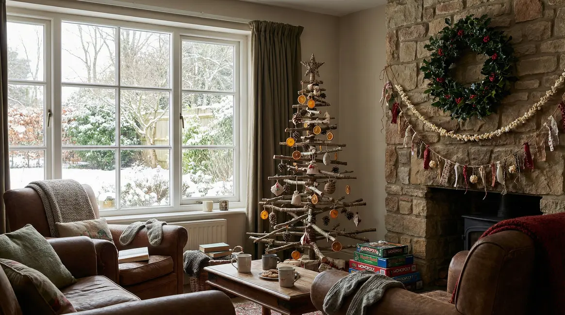 Salon noel avec sapin branches naturelles couronne houx guirlandes maison
