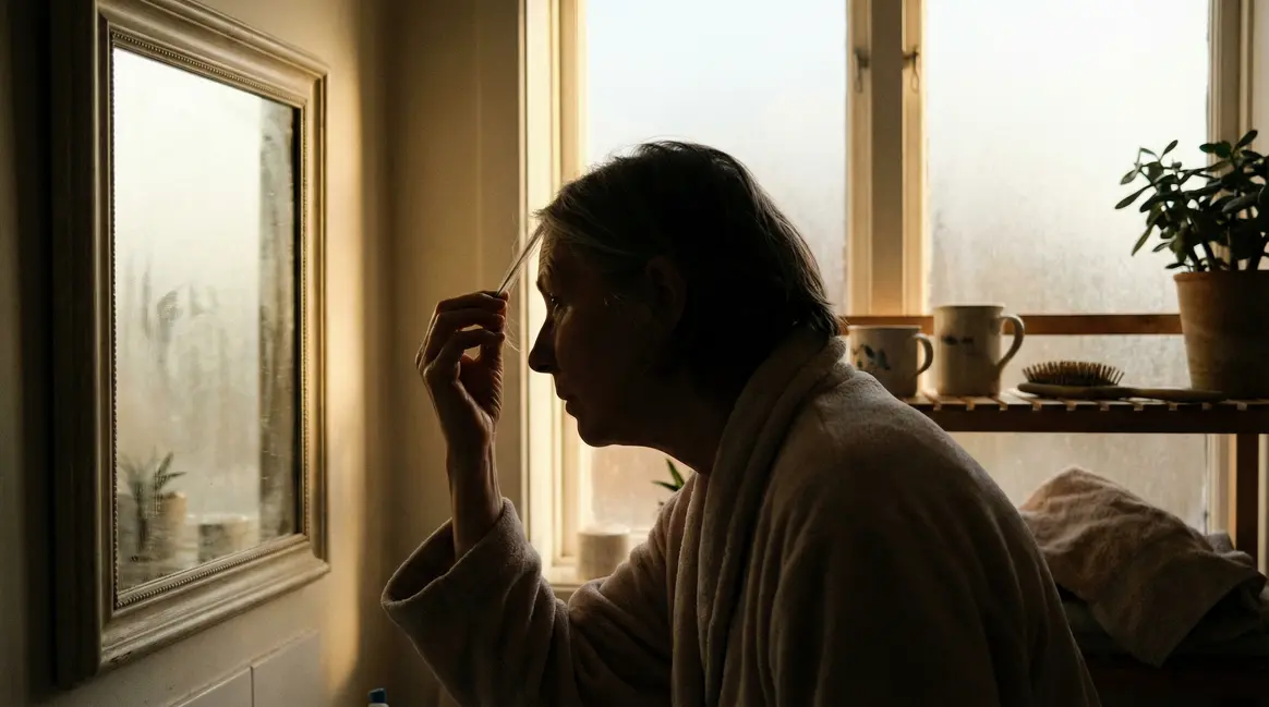 Silhouette adulte découvre cheveu gris dans le miroir salle de bain