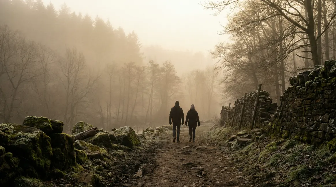 Silhouettes découvrant trésor forêt Corrèze brume