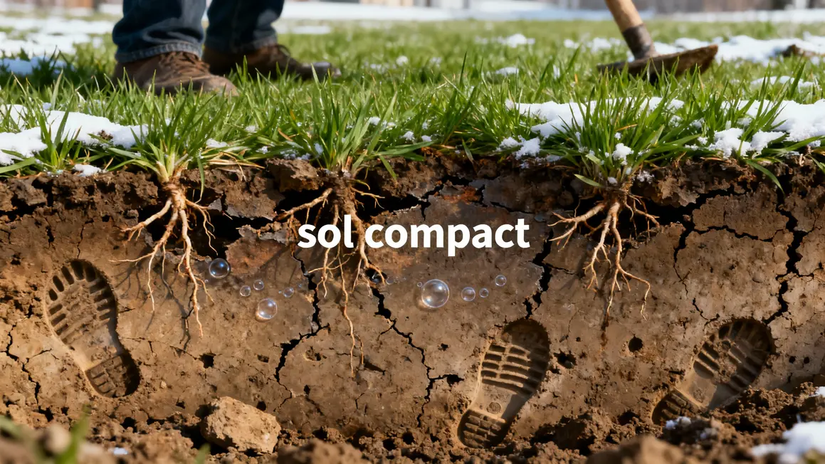 Coupe sol compacté pelouse piétinée en hiver
