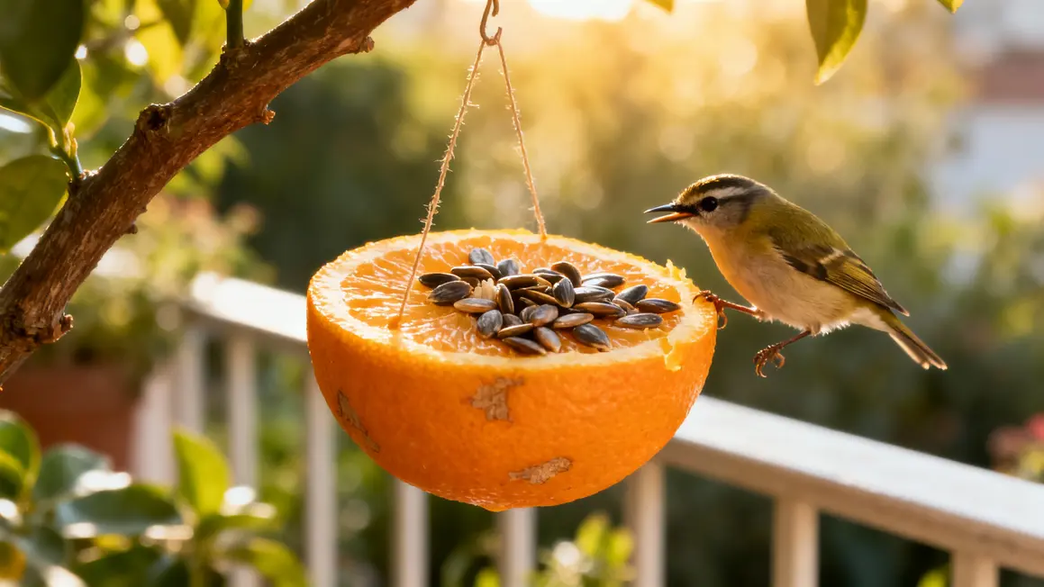 main accroche demi orange graines oiseau approche