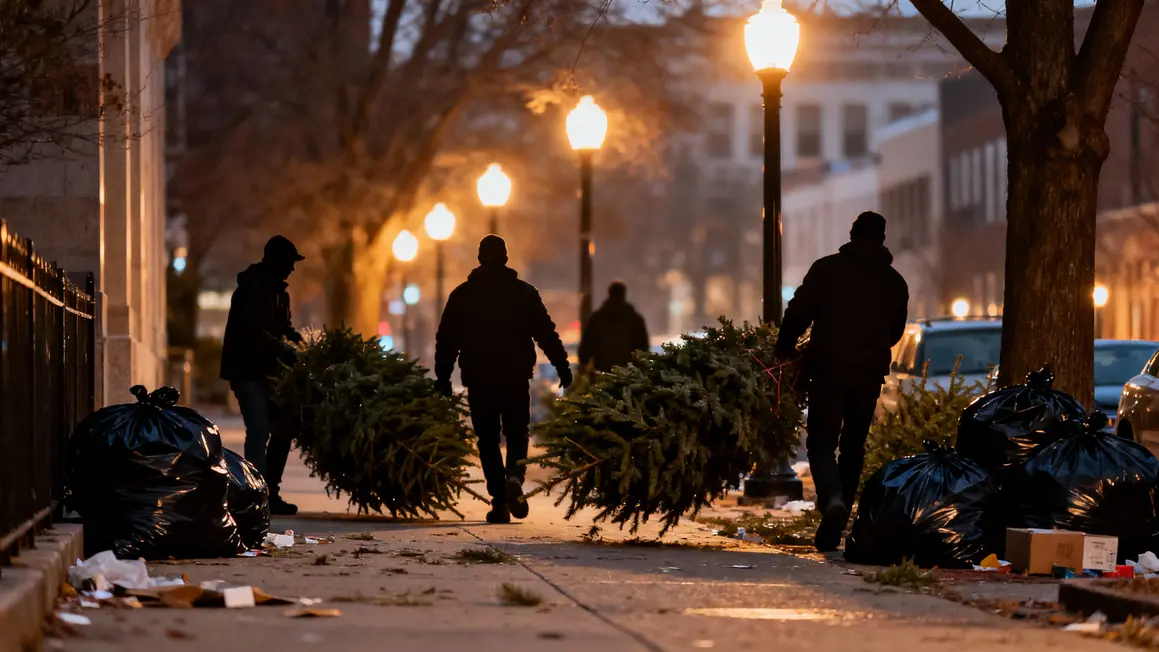 personnes déposant sapins de Noël sur trottoir, déchets de fêtes