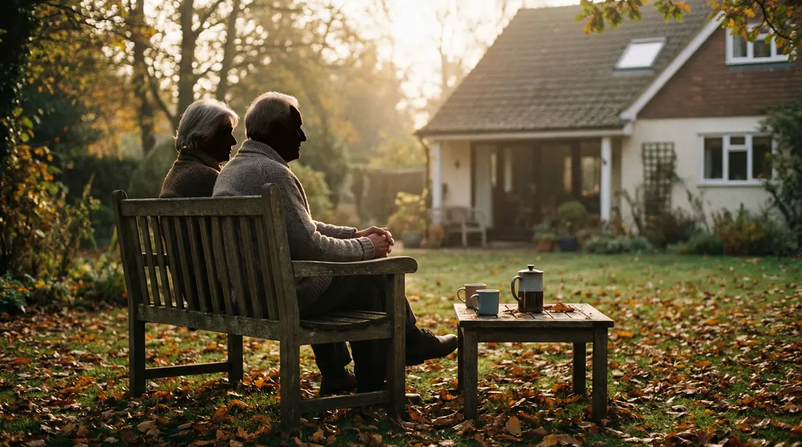 Deux seniors partagent un moment tendre sur un banc dans un jardin