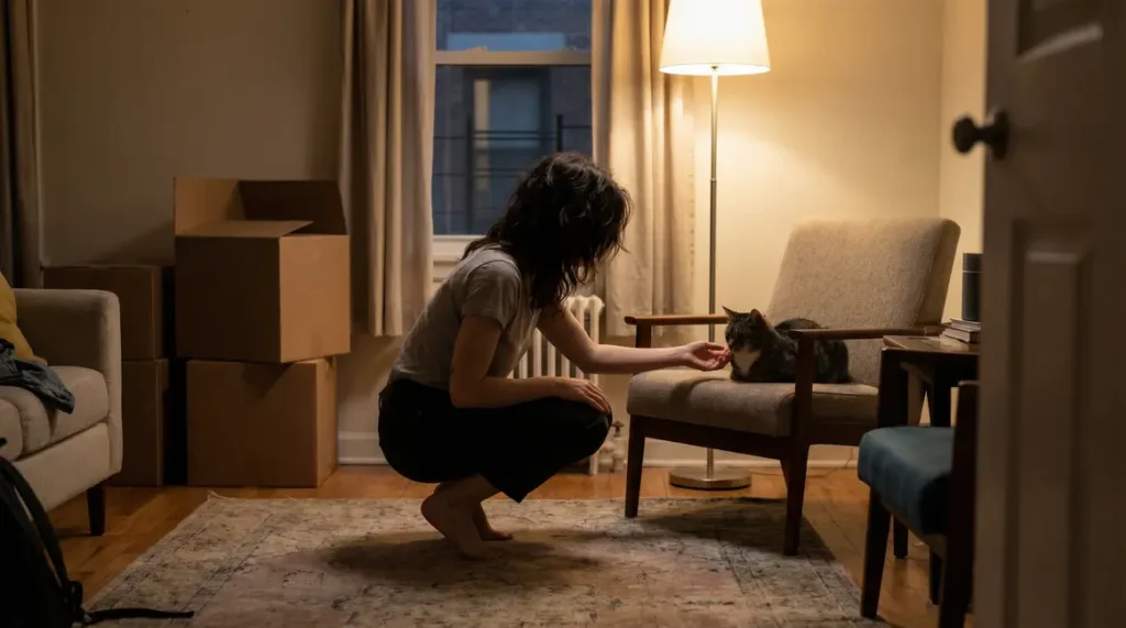 jeune femme parle a son chat tigré dans un salon citadin