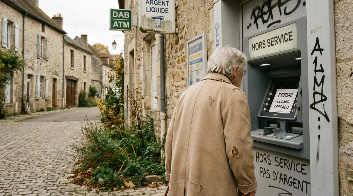 Femme âgée DEVANT distributeur fermé en village rural