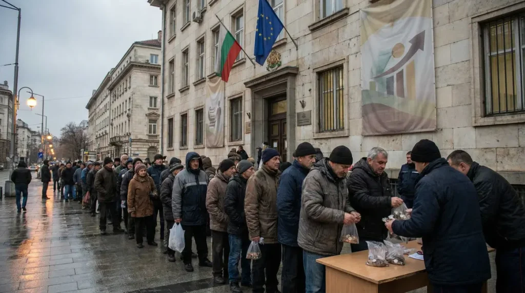 distribution des euros en Bulgarie devant la Banque nationale