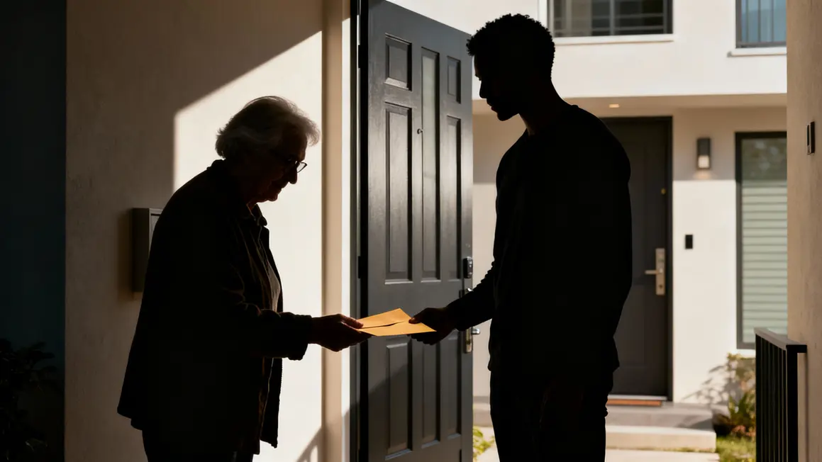 mère donne une enveloppe à sa fille devant un appartement