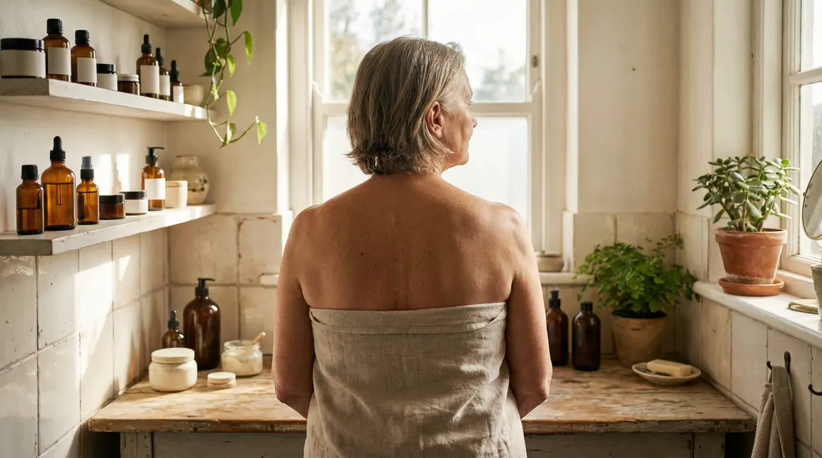 Femme senior douche peau fragile salle de bain
