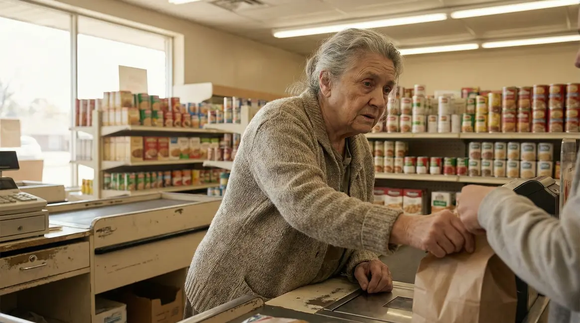 Ed Bambas senior derrière caisse supermarché Michigan