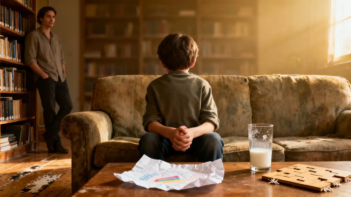 Enfant réservé dans salon, concentré sur un dessin