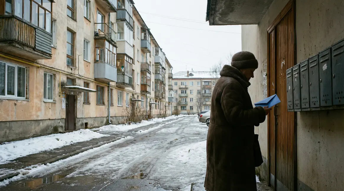 Femme âgée tenant enveloppe bleue devant immeuble Montluçon