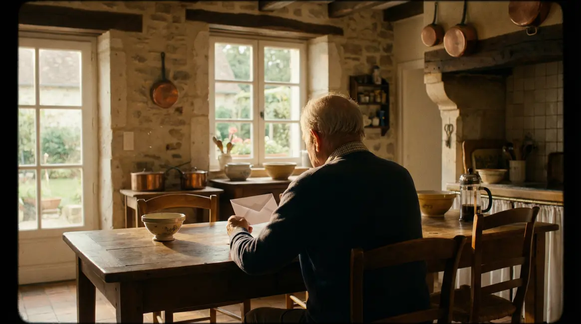 Homme âgé tenant une enveloppe souvenir à la table de cuisine, matin lumineux