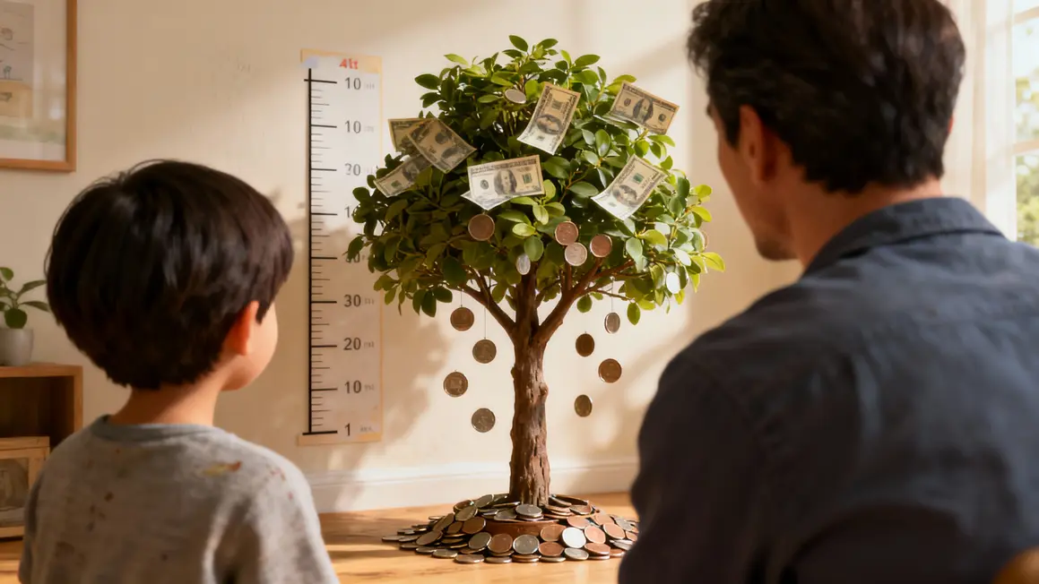 enfant observe arbre tirelire apprentissage épargne Noël