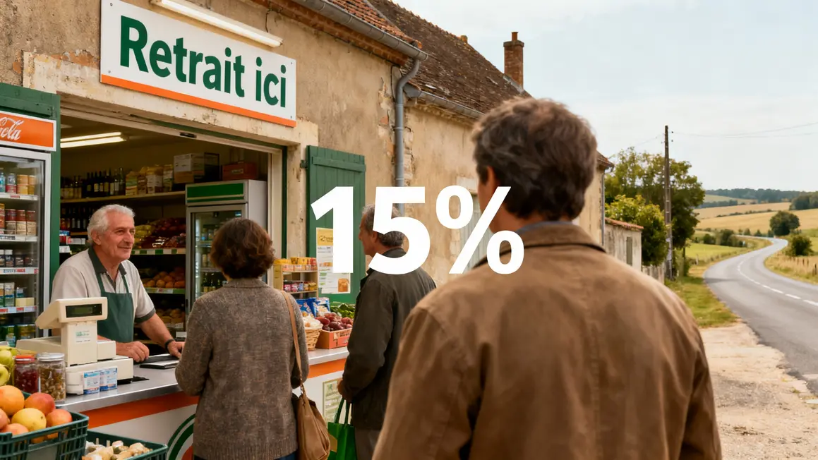 Commerçante retrait clients épicerie graphique 15% campagne