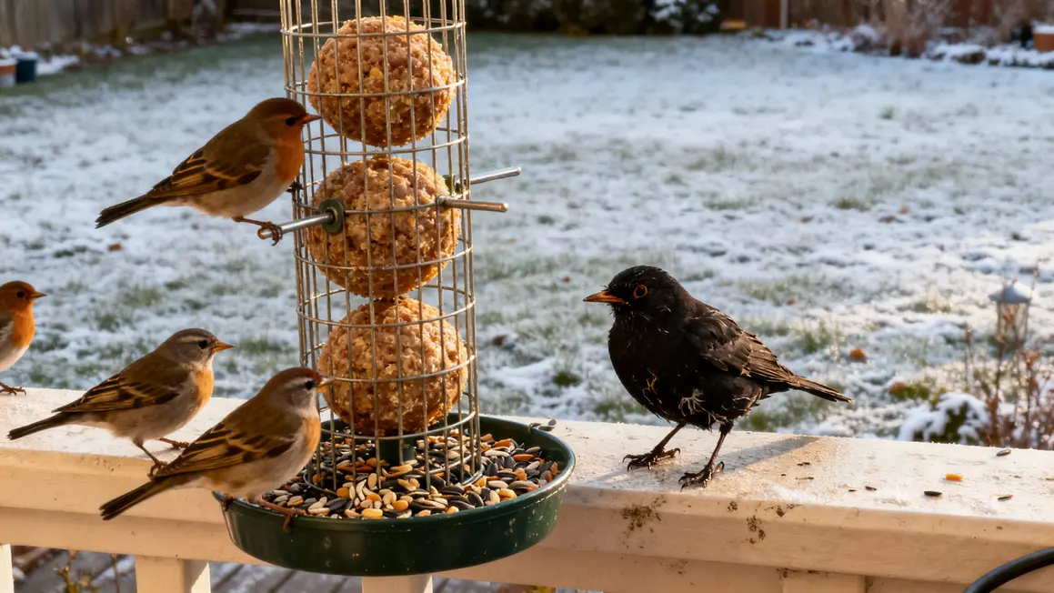 Oiseaux se disputant mangeoire, merle affaibli hiver