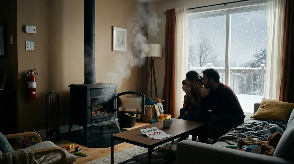 Salon moderne avec poêle à bois, fumée, facture élevée et ambiance sécurité