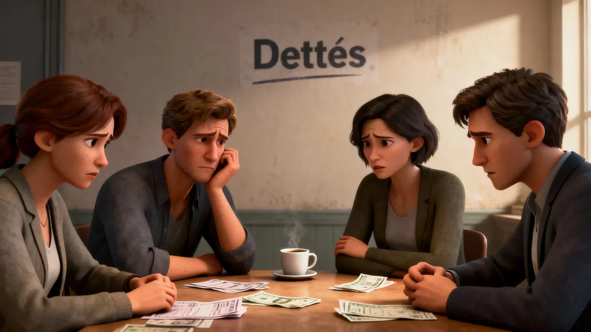 Famille dettes stress factures autour table cuisine