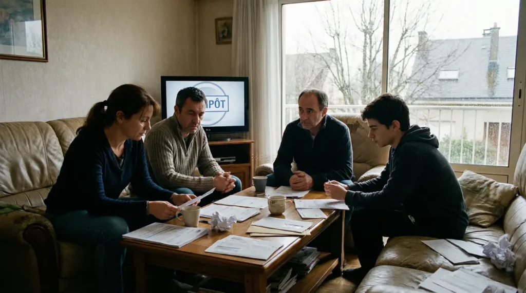 famille française préoccupée devant documents fiscaux budget 2026