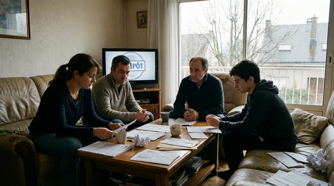 famille française préoccupée devant documents fiscaux budget 2026