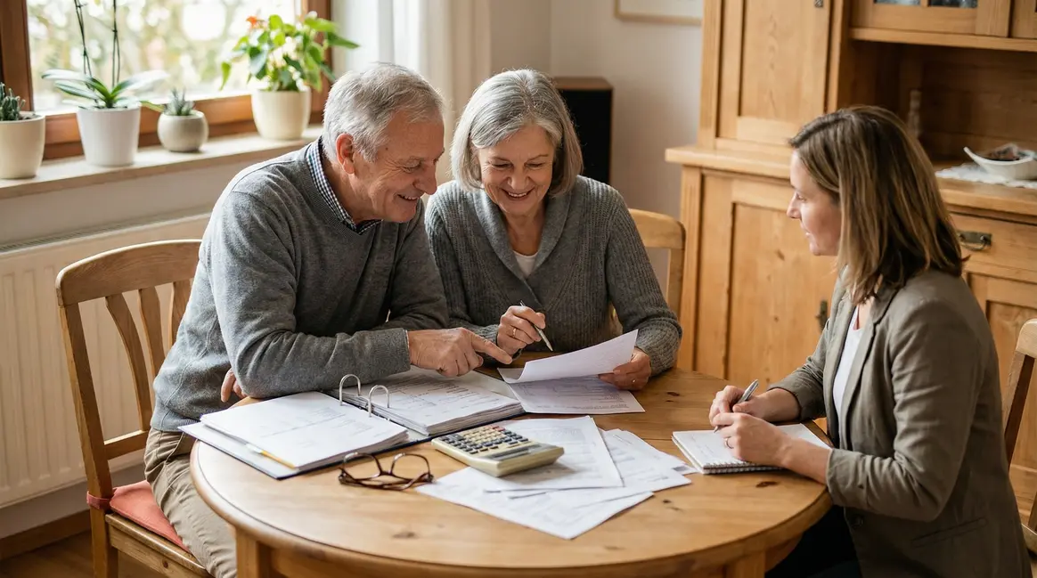 Famille senior avec conseillère bancaire discutant épargne