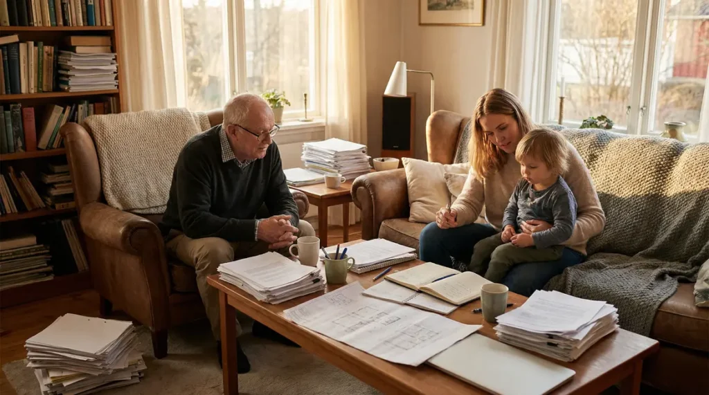 Famille senior entourée de documents pour logement 2025