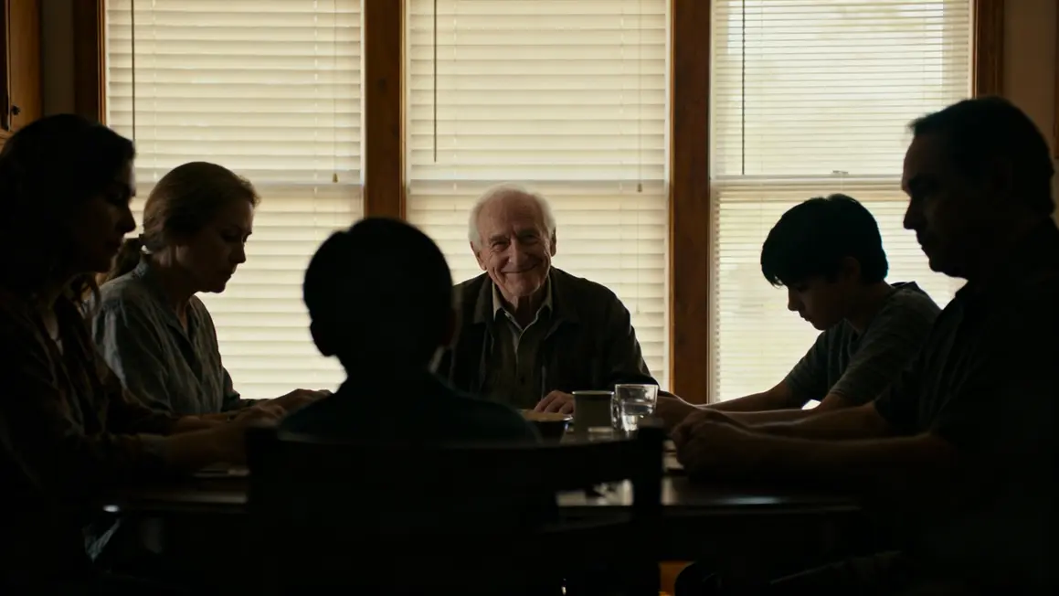Famille autour d'un senior amoureux, ambiance tendue, table