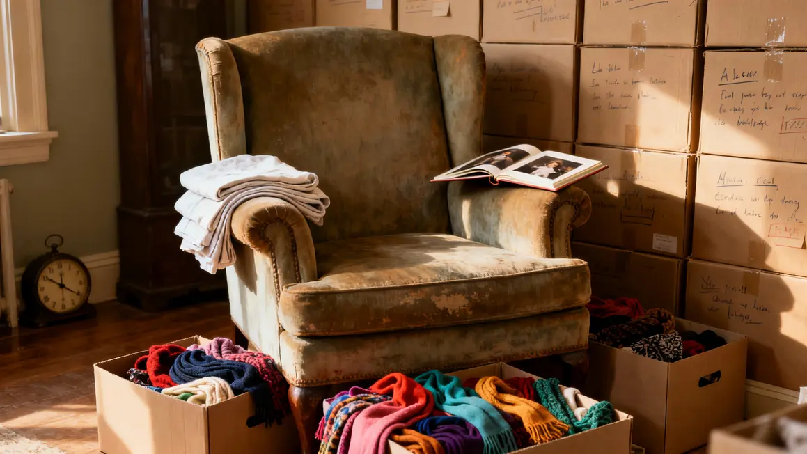 Fauteuil avec draps, boîtes et album photo